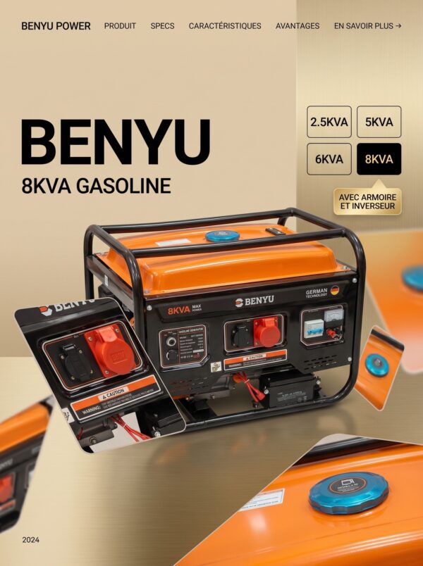 BENYU 8KVA GAZOLINE 380V ET 220V AVEC ARMOIRE ET INVERSEUR